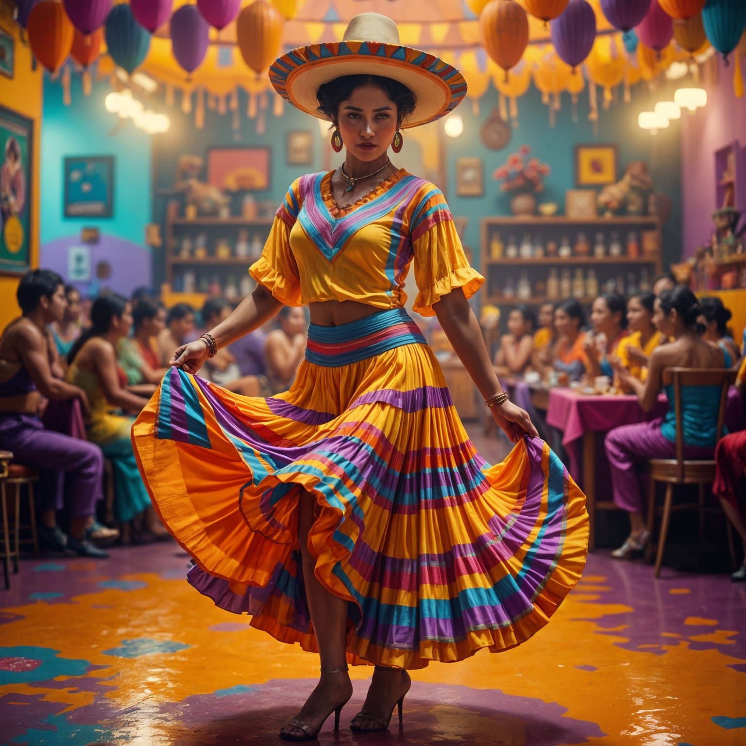 Mexican Woman Dancing in Cantina: Hyperrealistic Fashion Pho...