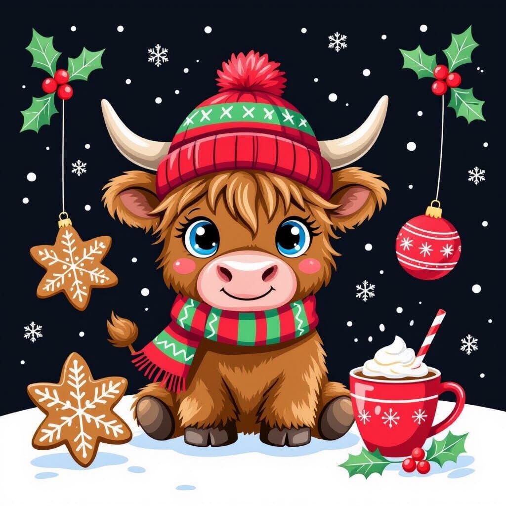 Cute Cartoon Highland Cow in Winter Hat and Scarf