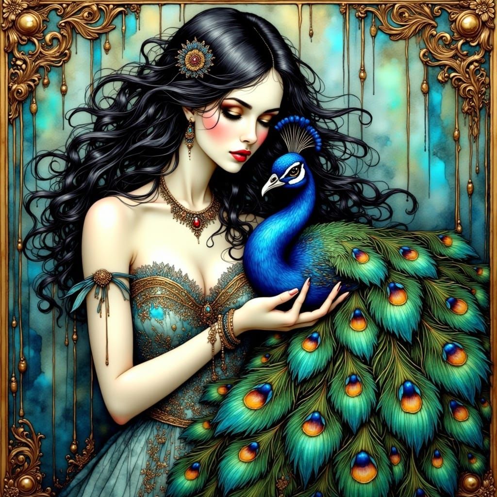Majestic Woman with Peacock in Art Nouveau Style
