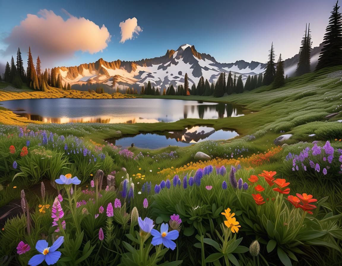 Surreal Alpine Meadow Circling a Serene Glacier Lake