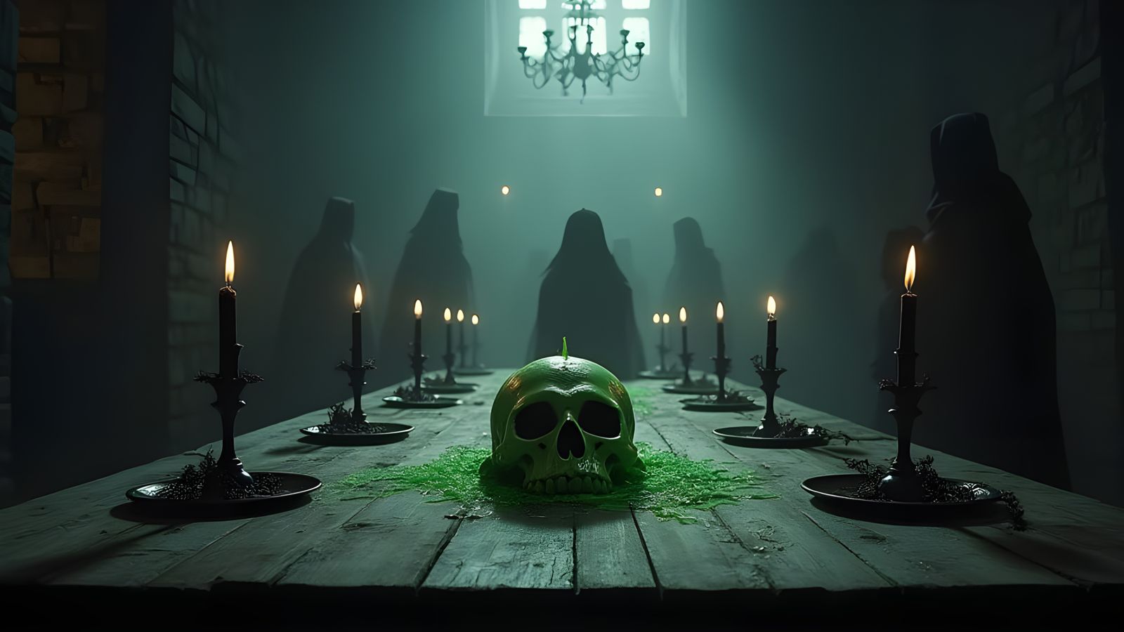 Gothic Dining Hall Set for a Spooky Skull Cake Celebration