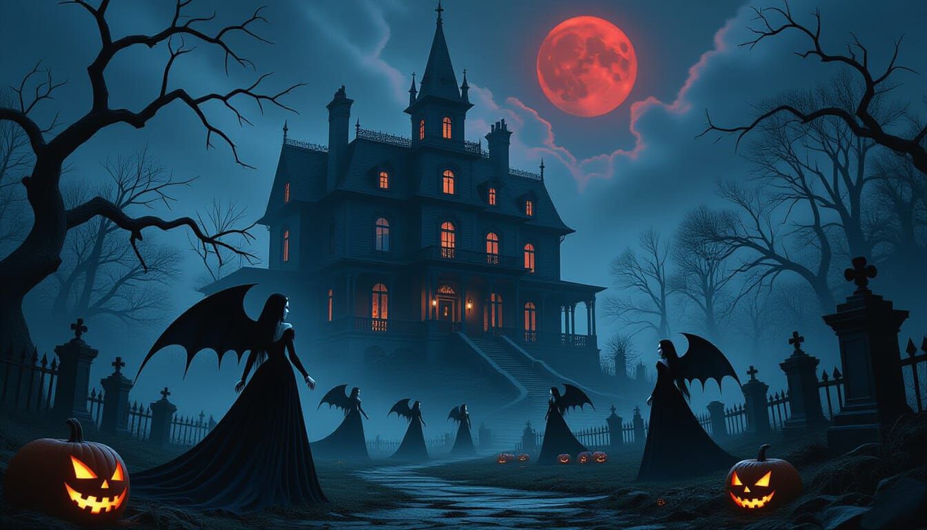 Gothic Midnight Mansion with Shadowy Figures