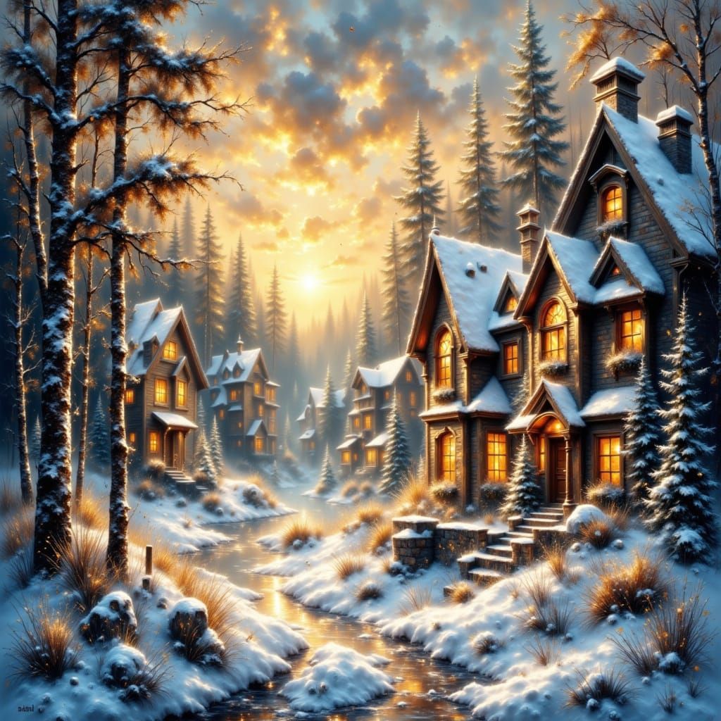 Serene Christmas Morning Snowscape in Luminous Oil Style