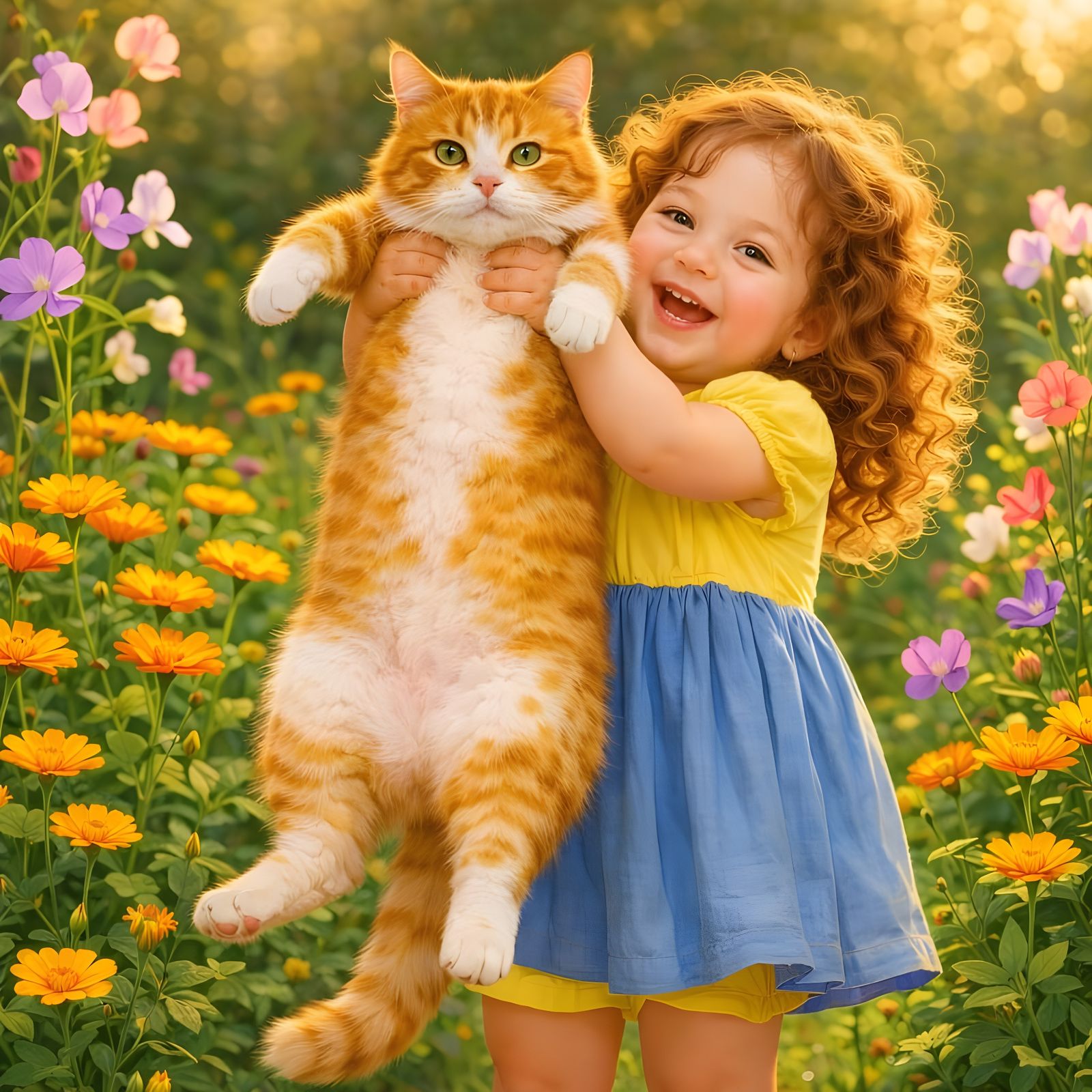 Toddler Holds Fluffy Cat in Sunny Garden Painting