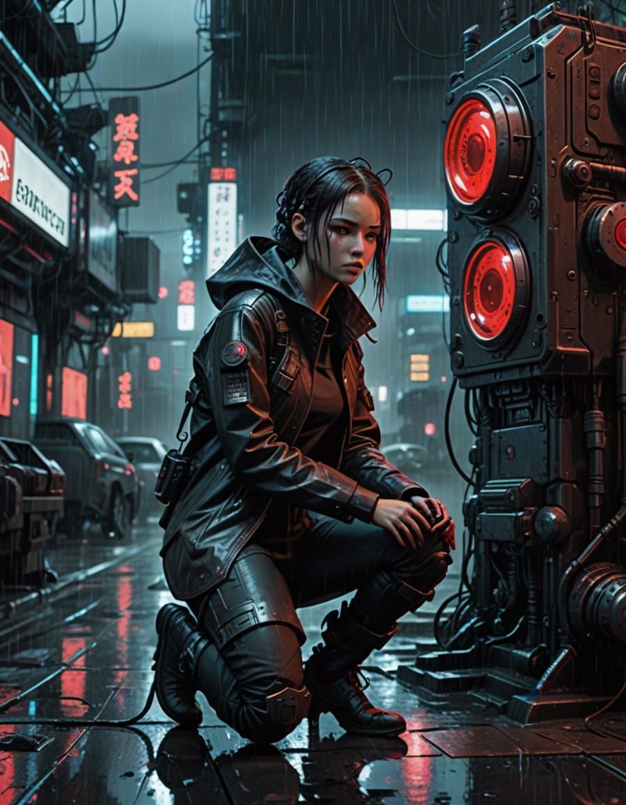 Cyberpunk Girl Presses a Bright Red Button in a Rainy Night