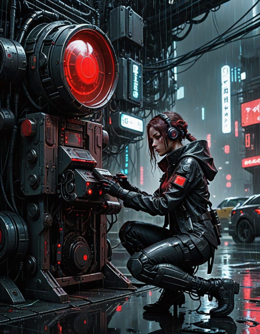 Cyberpunk Girl Kneels Before a Red Button in a Dark Rainy Ni...