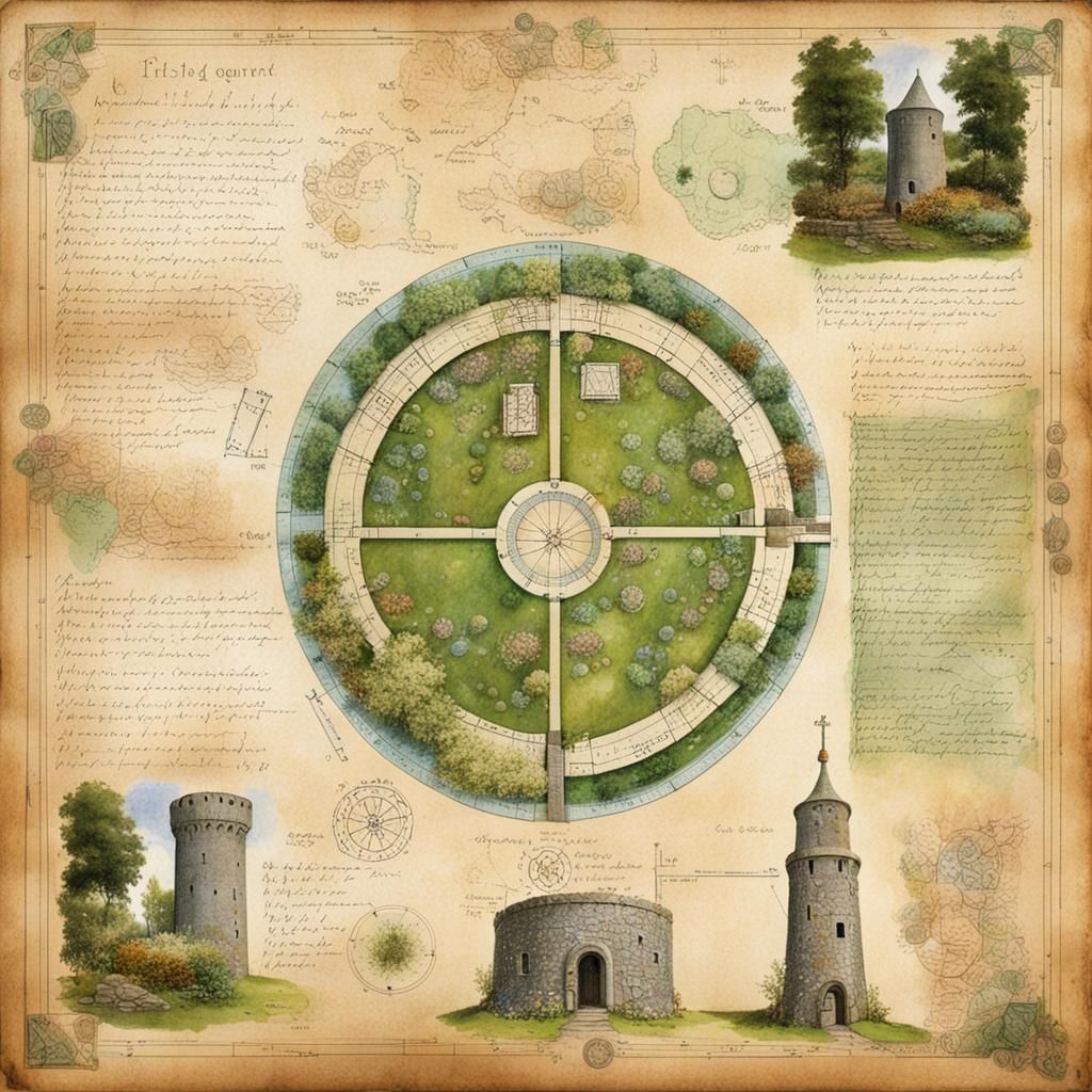 Irish Round Tower Journal Entry with Magical Garden