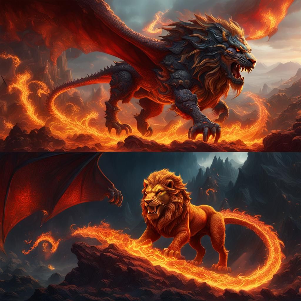 Fiery Lion and Dragon Clash in Detailed Painting