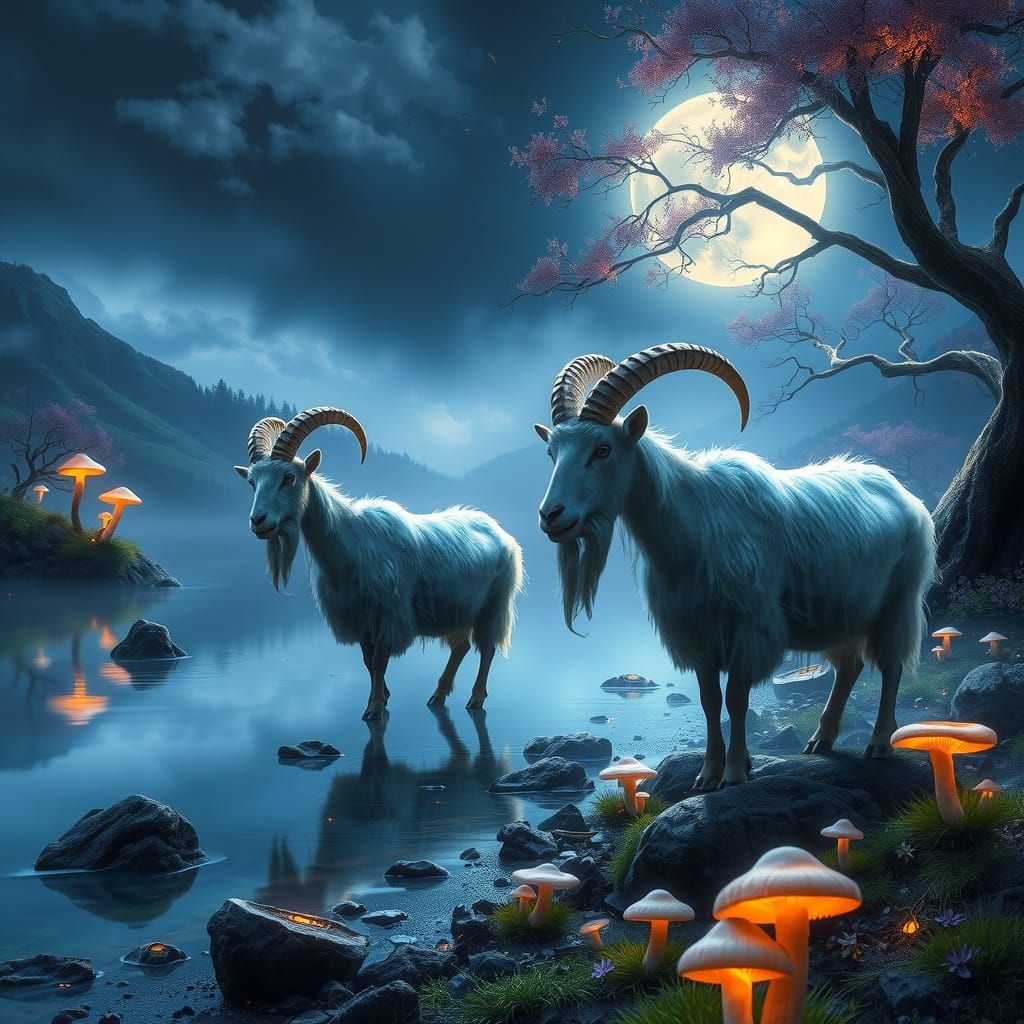 Majestic Goats in Mystical Highland Landscape