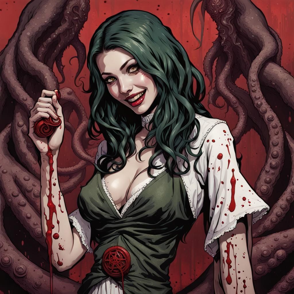 Lovecraftian Cultist Beauty with Tentacle Symbols