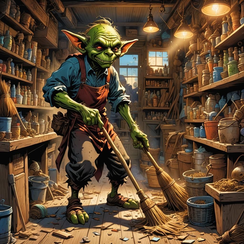 Goblin Cleans Cluttered Shop in Comic Book Style