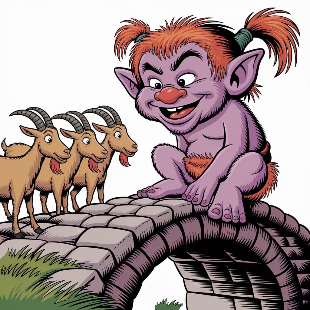 Mischievous Troll Greets Billy Goats: Humorous Cartoon