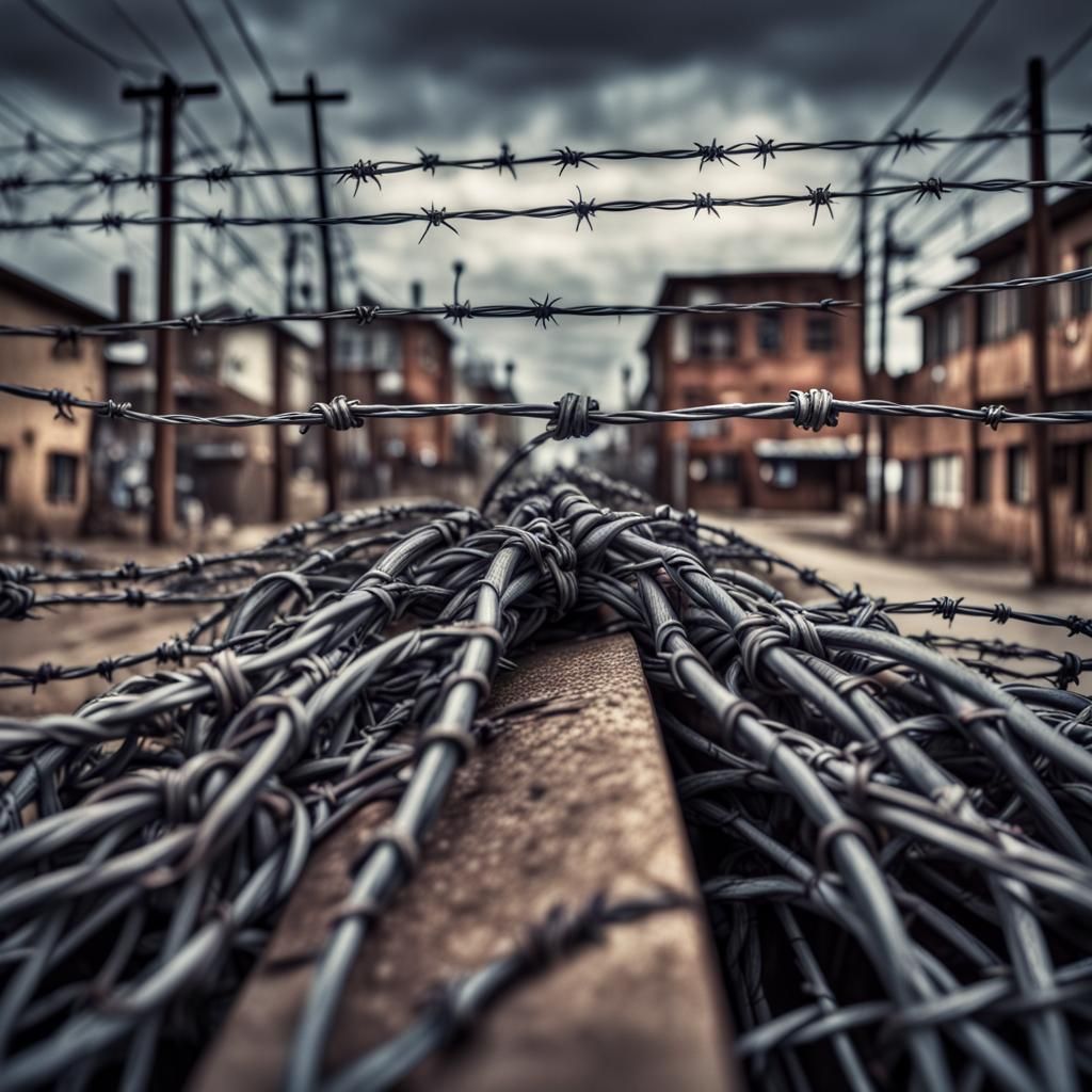 Hyperrealistic Barbed Wire Cityscape in HDR