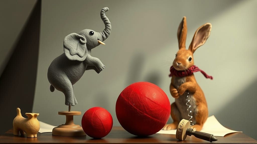 Surreal Felt Elephant Balancing Act in Pop Surrealist Style