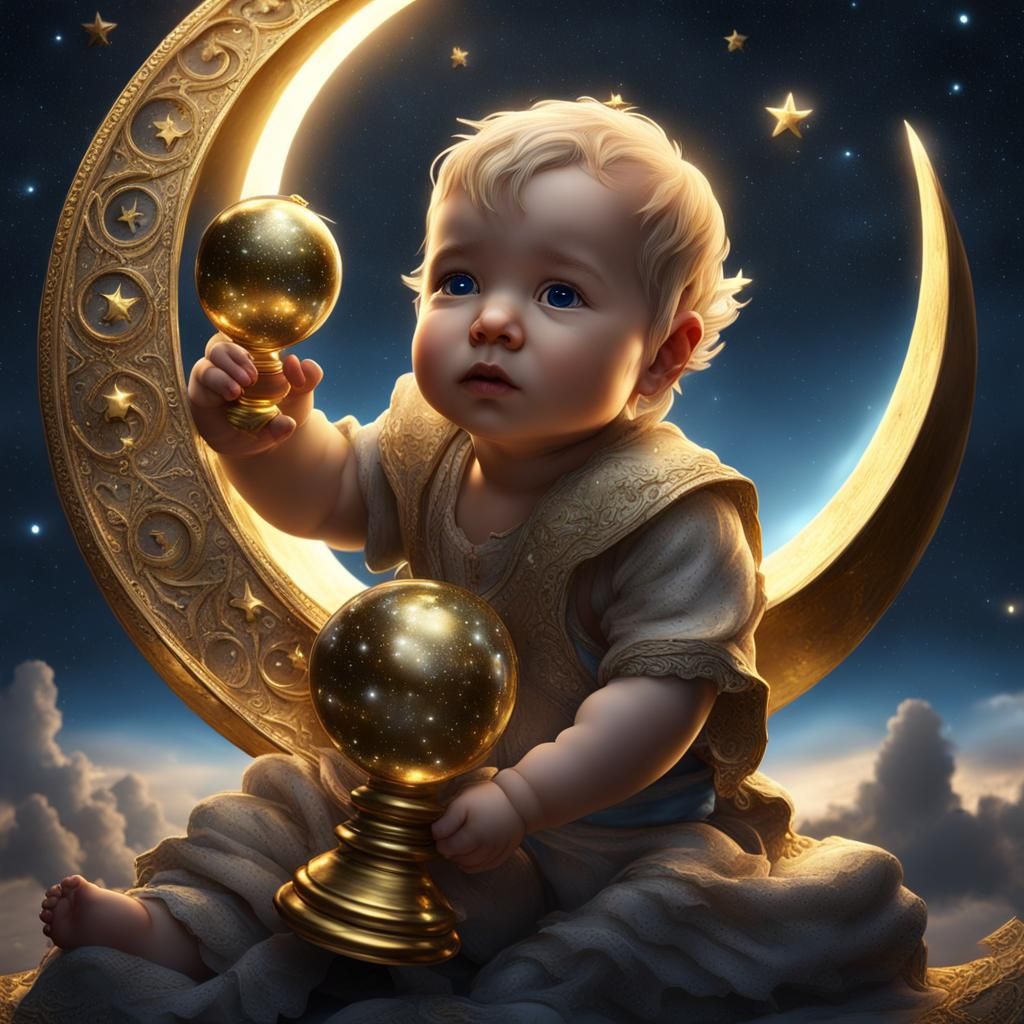 Angel Baby on Moon with Hourglass, Digital Art
