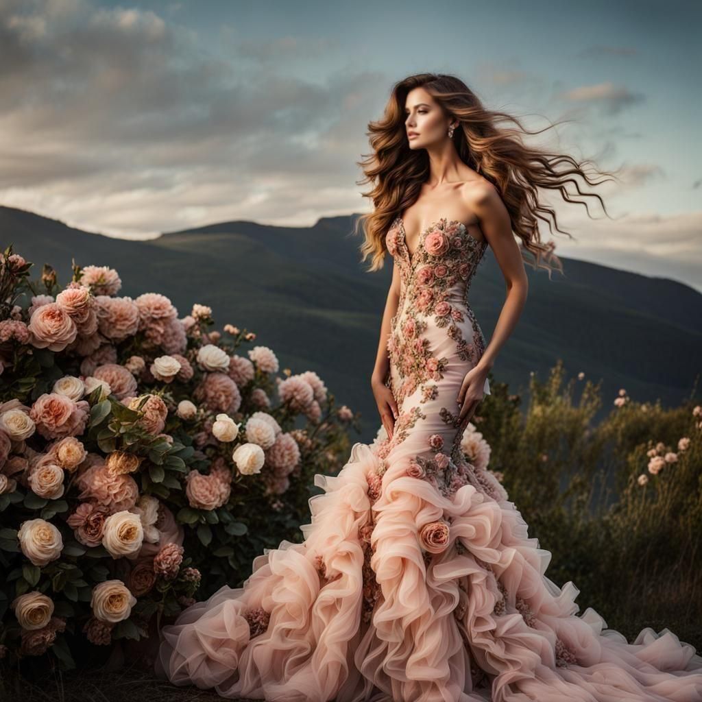 Woman in Floral Couture Gown