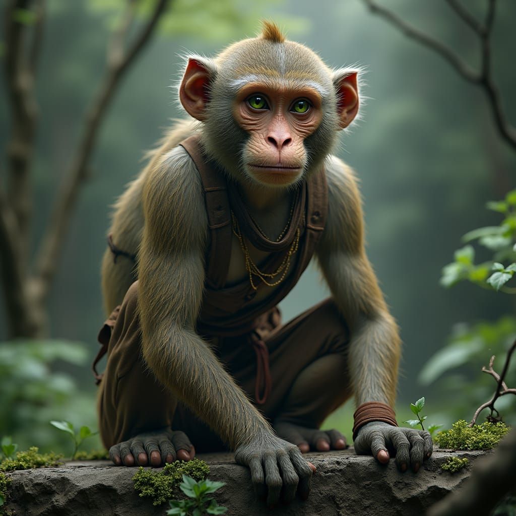 Intelligent Macaque in Ruined Forest, Syd Mead Style