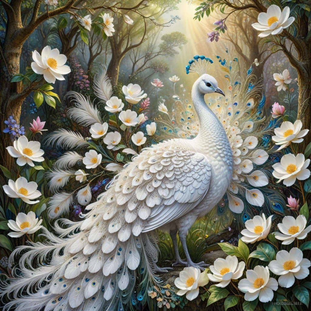 Magnificent White Peacock in Lush Garden