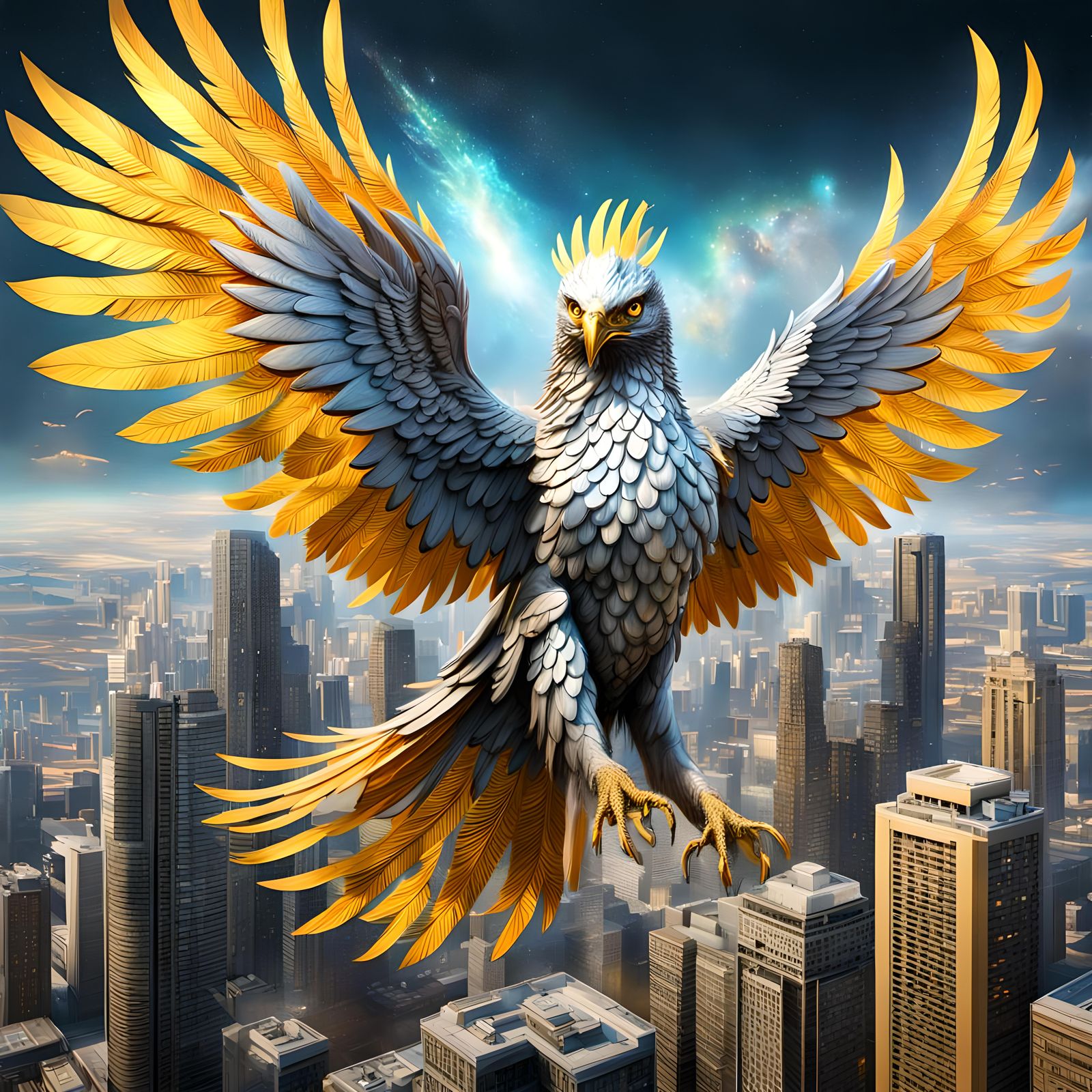 Giant Silver Phoenix Over Metropolis
