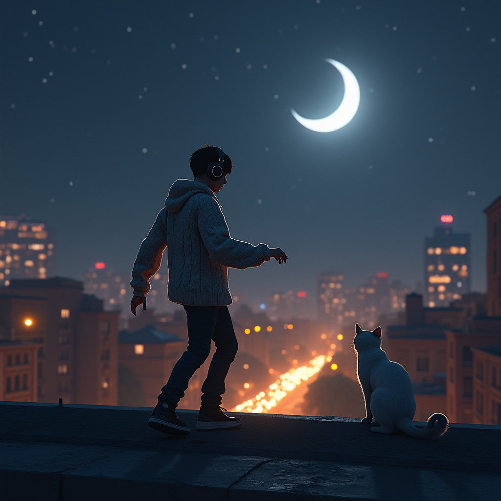 Night Rooftop Dance: Urban Serenity in Digital Art