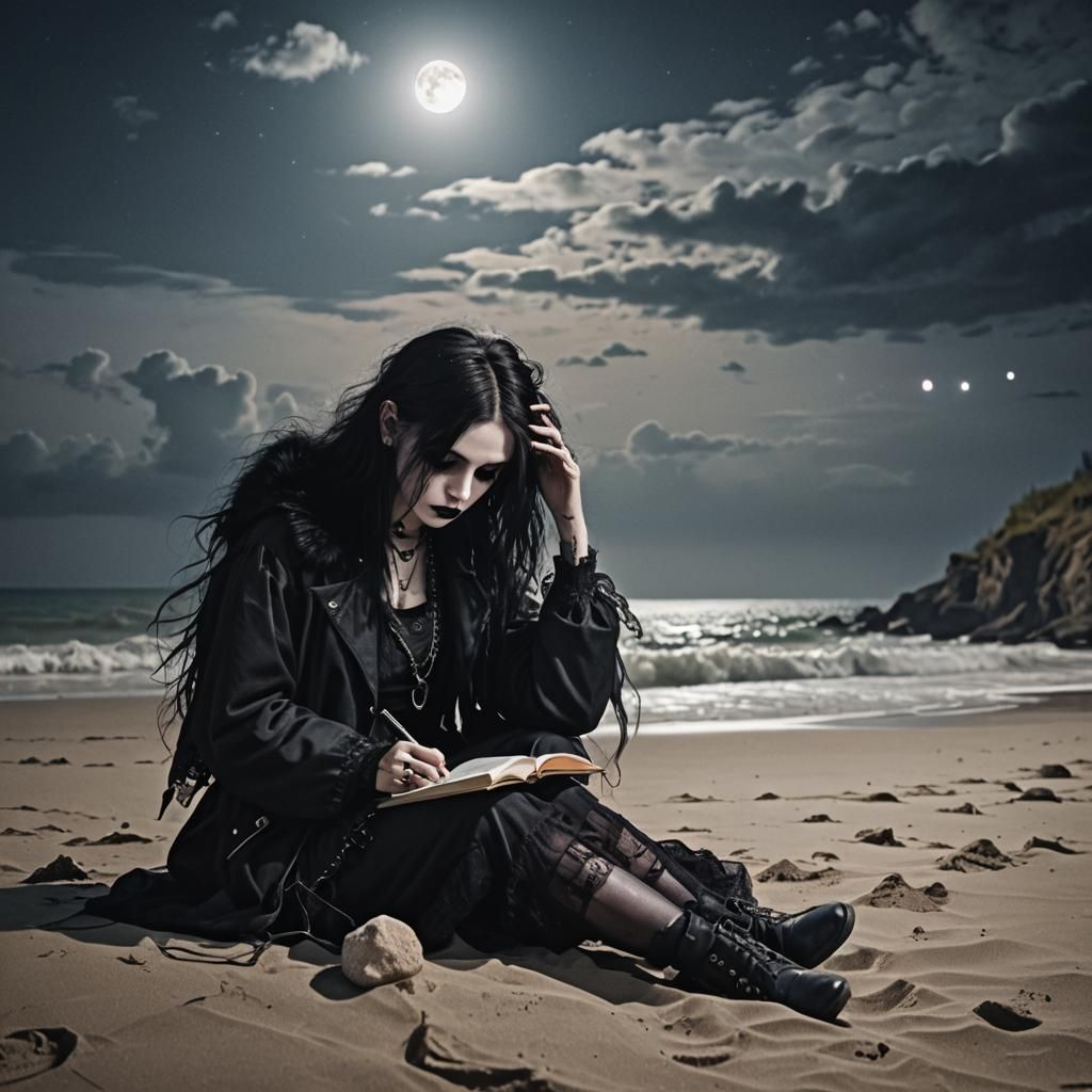 Melancholy Goth Girl on Moonlit Beach
