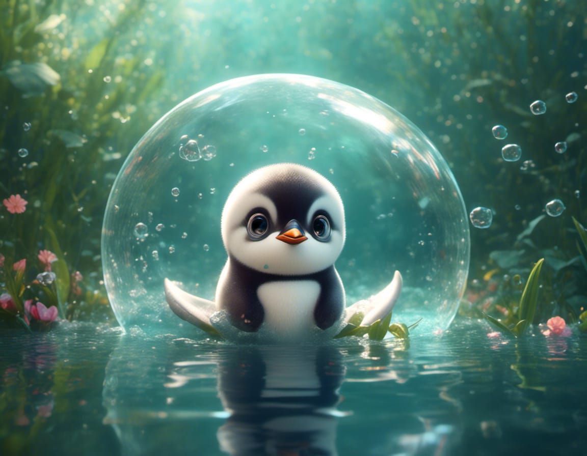 Cute Baby Penguin in Bubble Pond: Digital Art