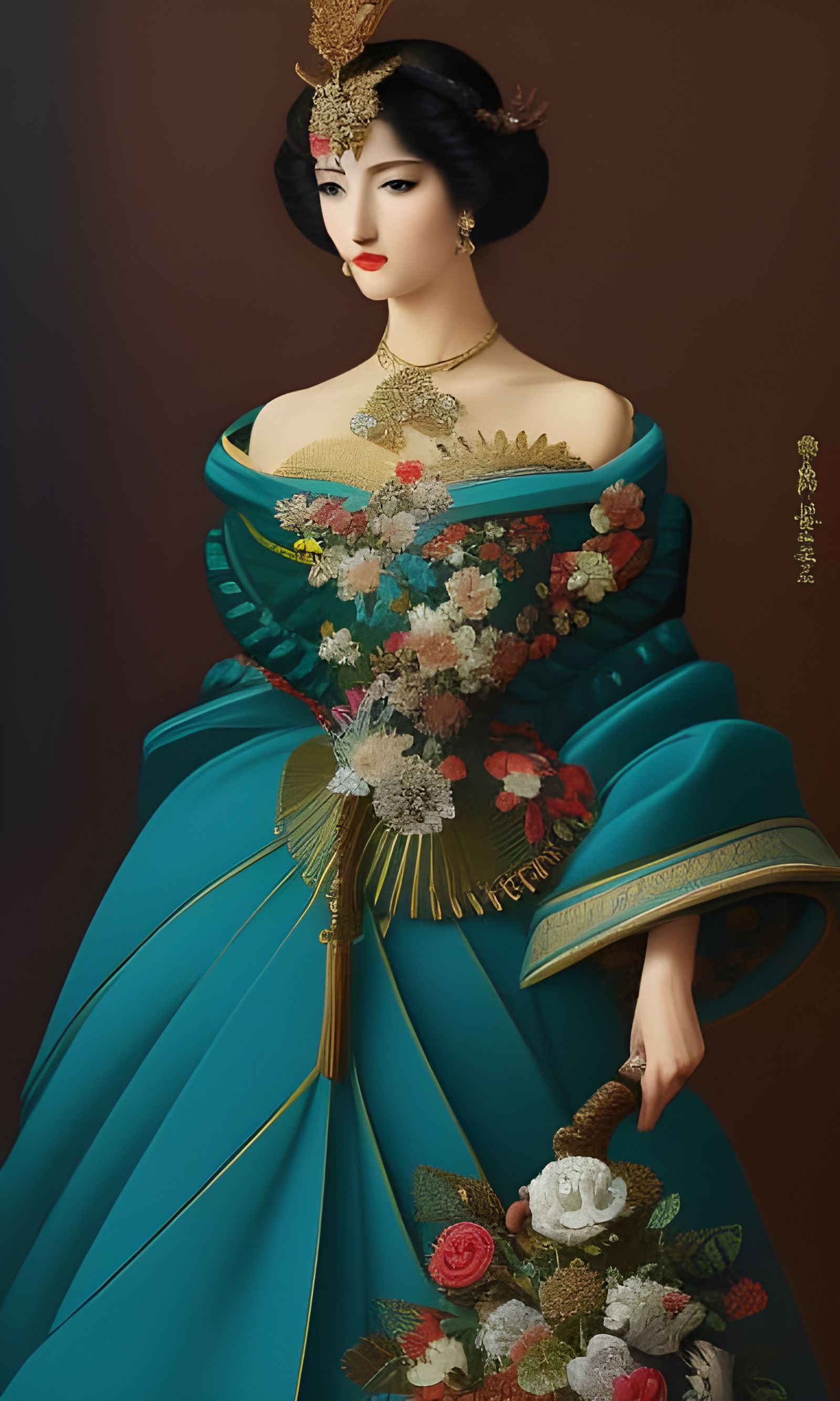 Retro Girl Portrait with Lace and Gold Jewelry