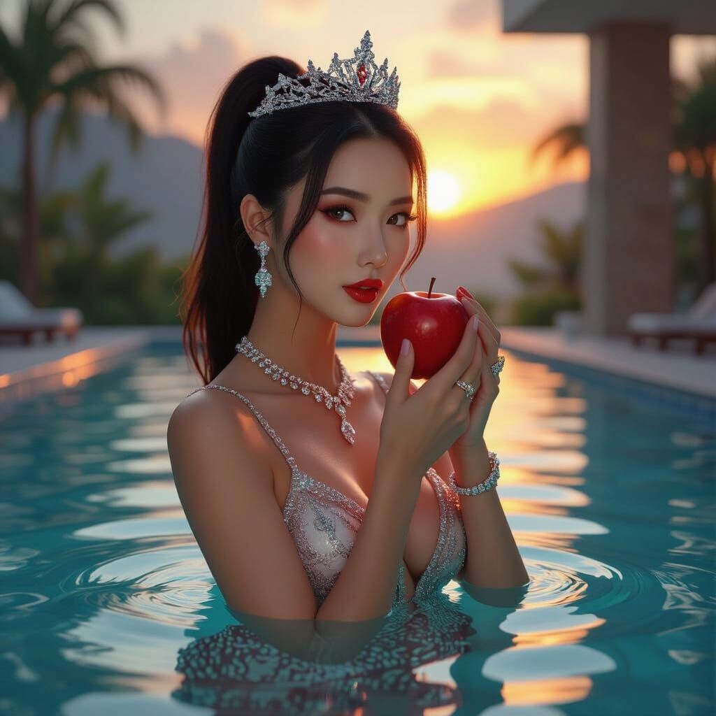 Hong Kong Woman in Futuristic Jewelry Poolside at Sunset
