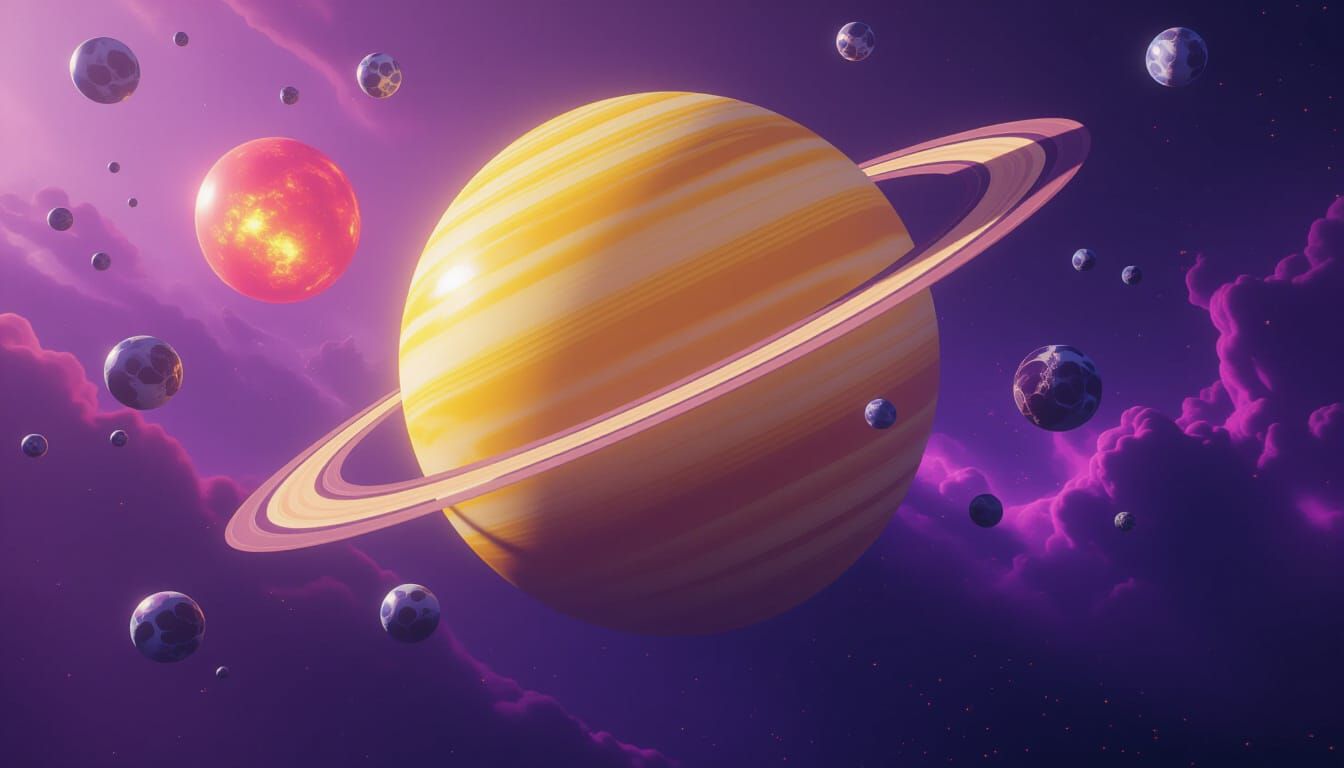 Gas Giant with Moons in Purple Nebula, Photorealistic 3D