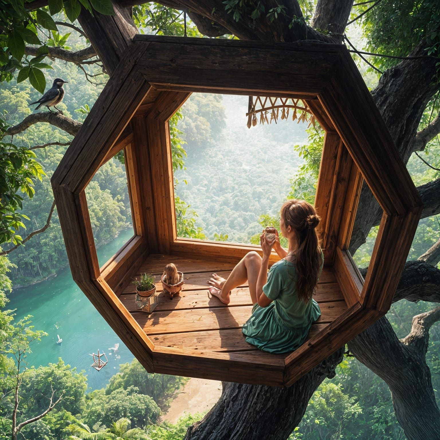 Woman Surveys Lush Jungle Paradise from Octahedron Treehouse