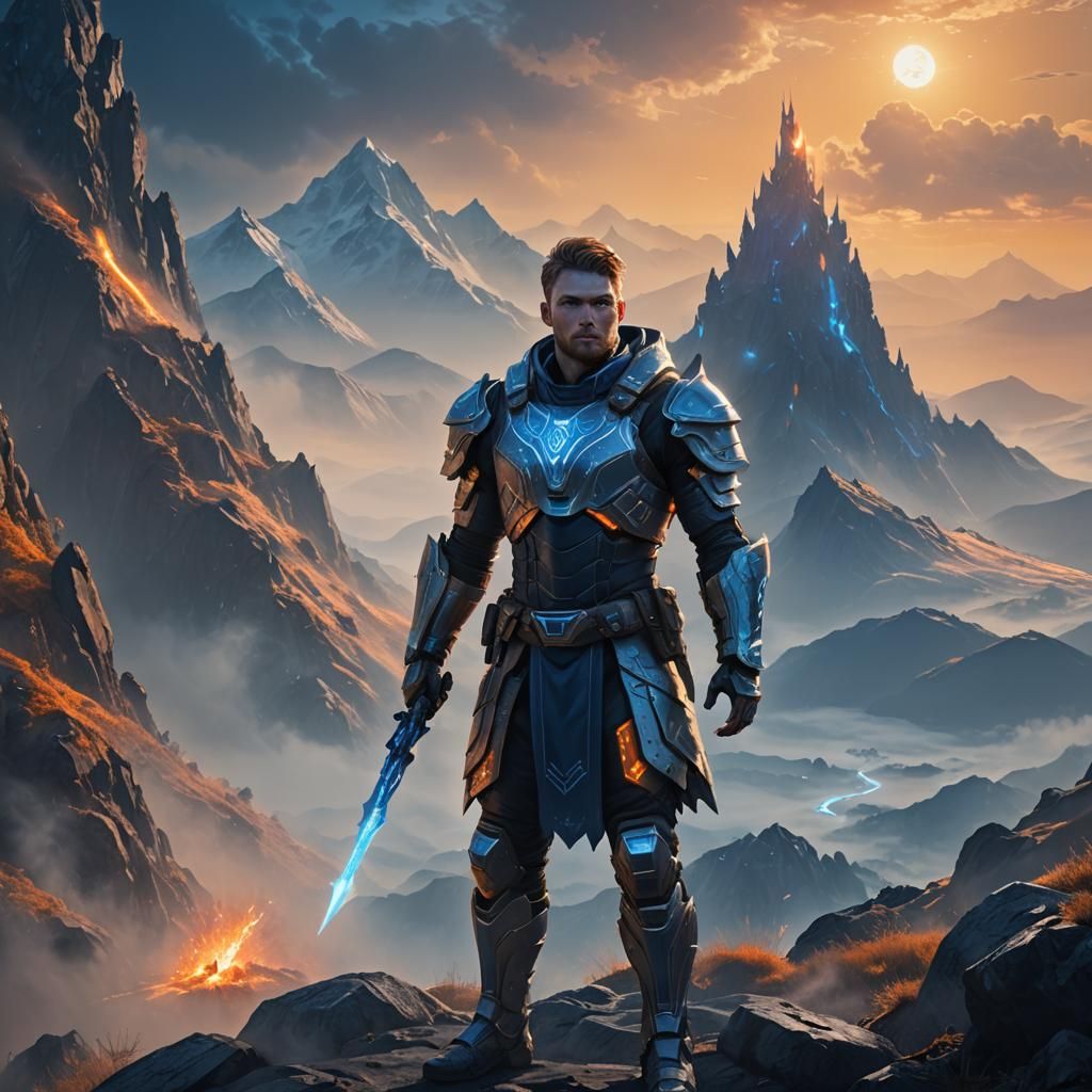 Luka Doncic in Futuristic Armor on Misty Mountain