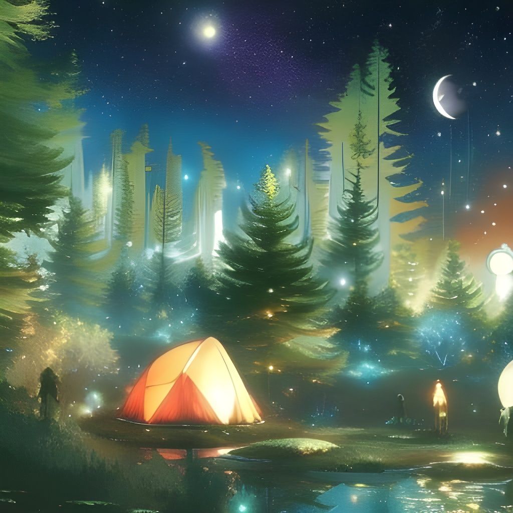 Romantic Campground City Under Starry Sky in Manga Art