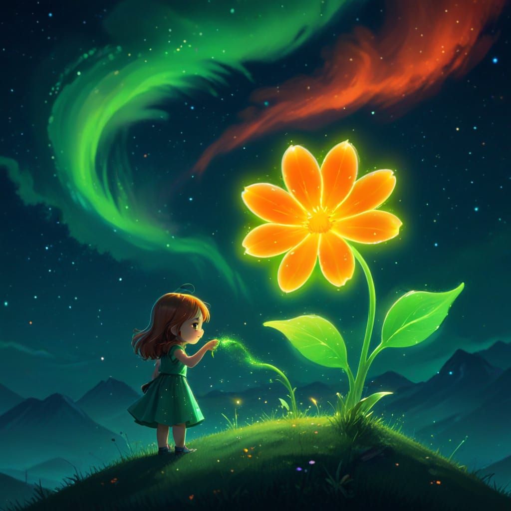 Chibi Girl Waters Neon Flowers, Digital Painting