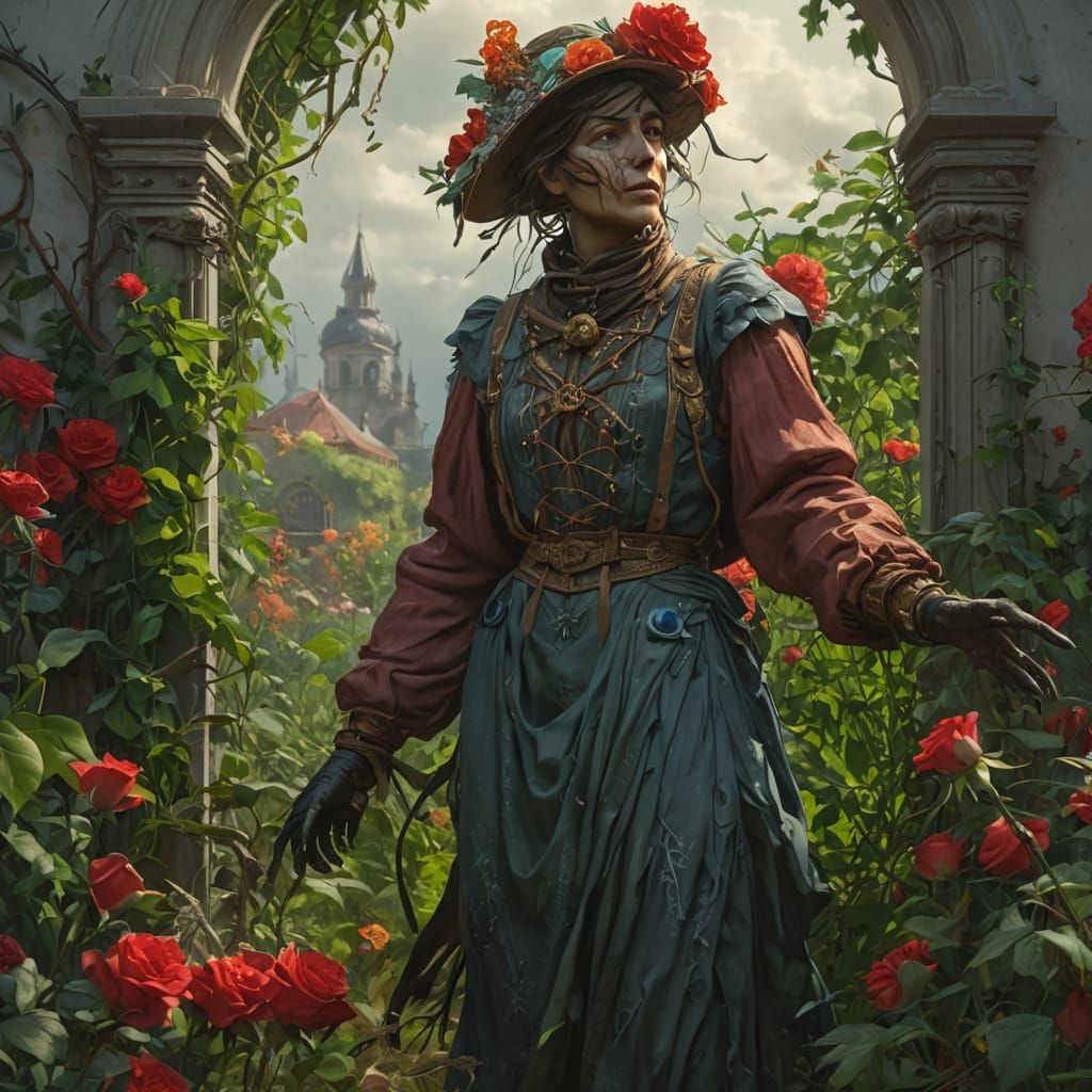 Creepy Scarecrow in Rose Garden: Dark Fantasy Art