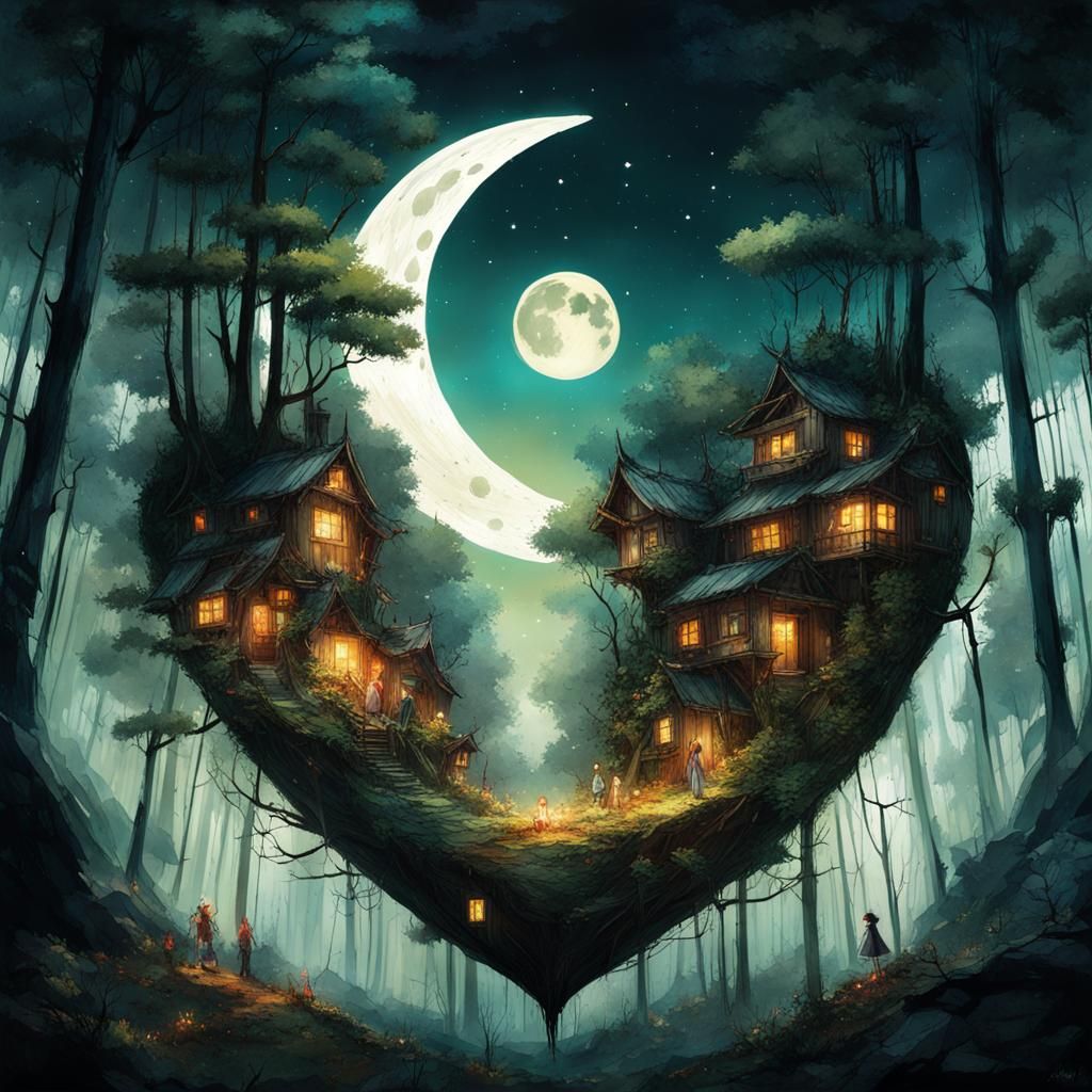 Surreal Anime Forest Village Inside Moon
