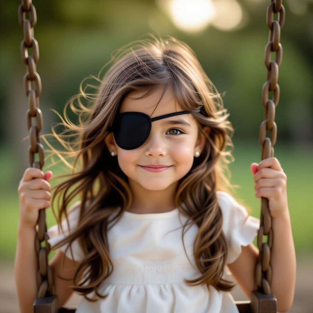 Photorealistic Girl with Eyepatch Swinging on Wooden Swing S...