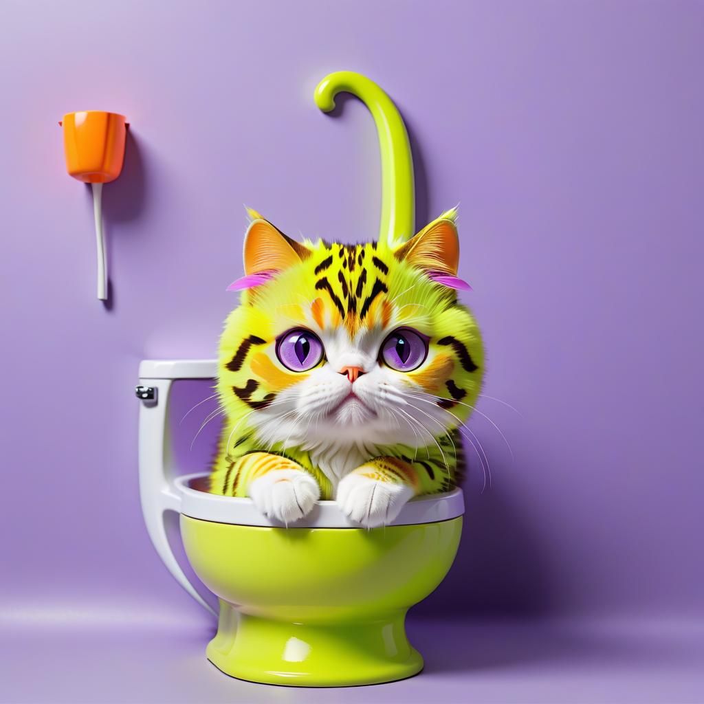 Fluorescent Chartreuse Cat Peeking from Behind Toilet