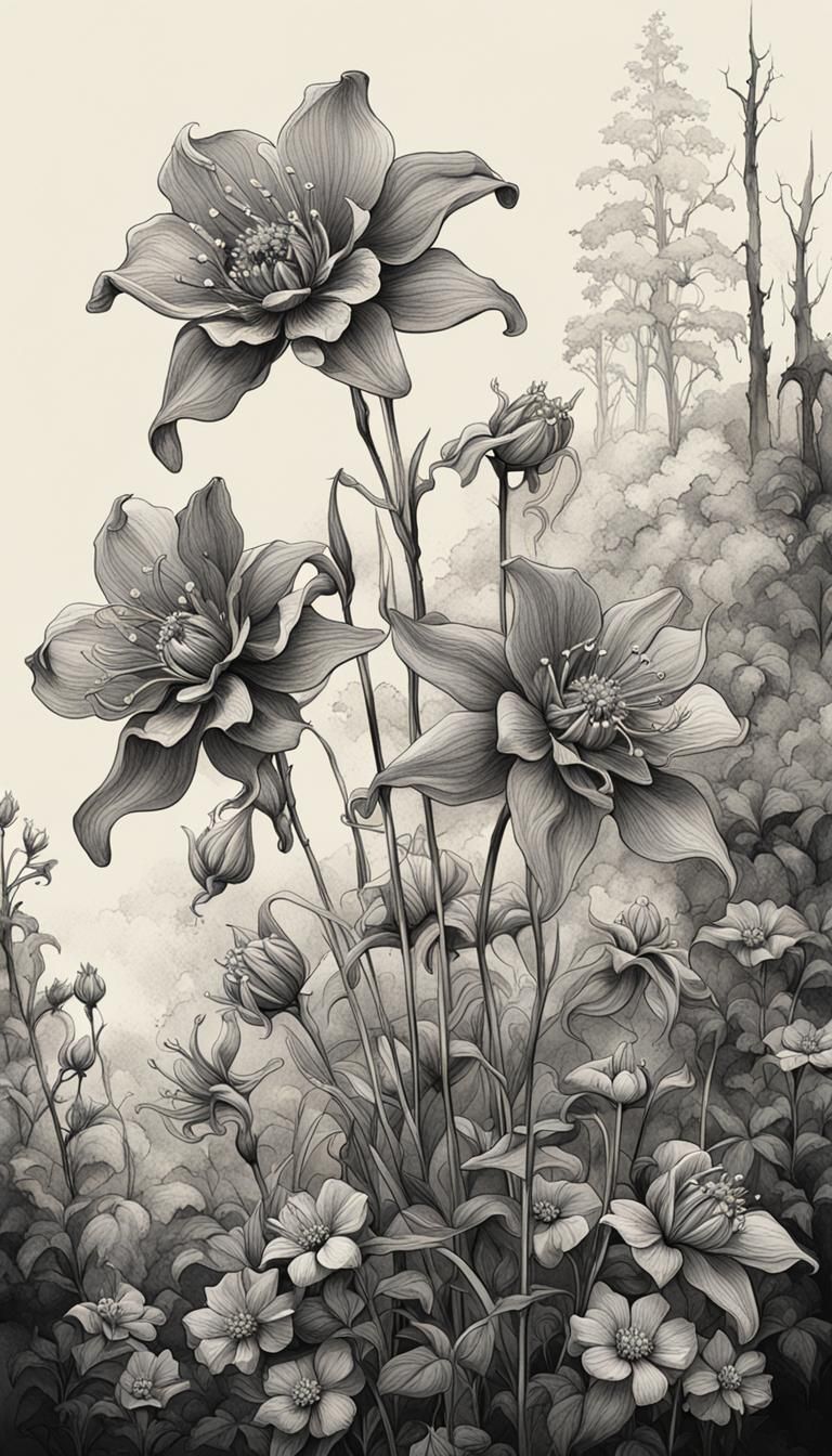 Intricate Black Ink Drawing of Columbine Flowers