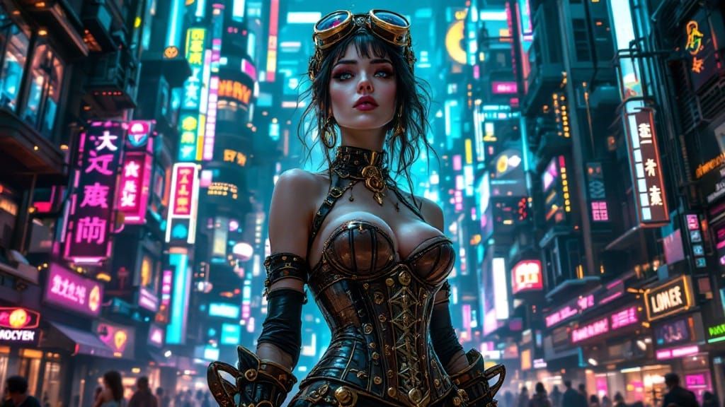 Steampunk Princess in Cyberpunk Cityscape