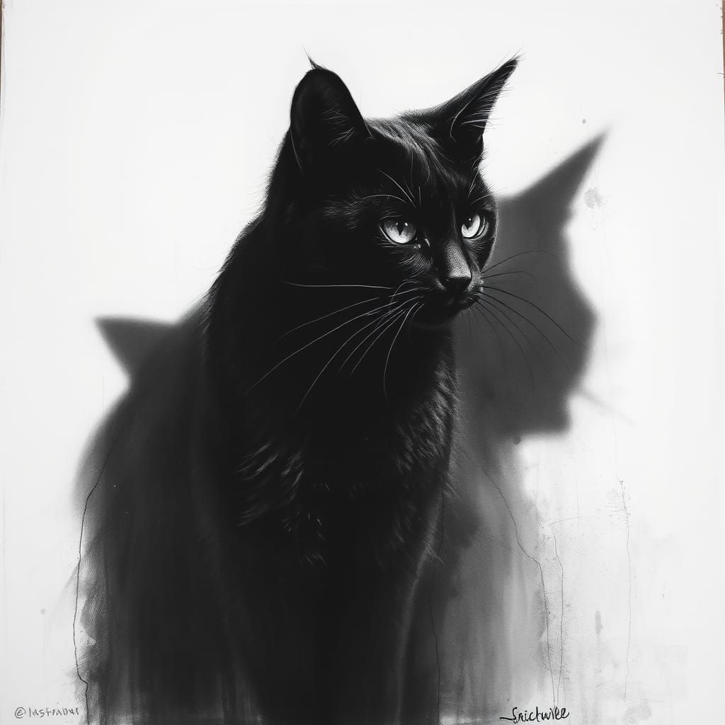 Dramatic Black Cat Shadow in Charcoal Drawing