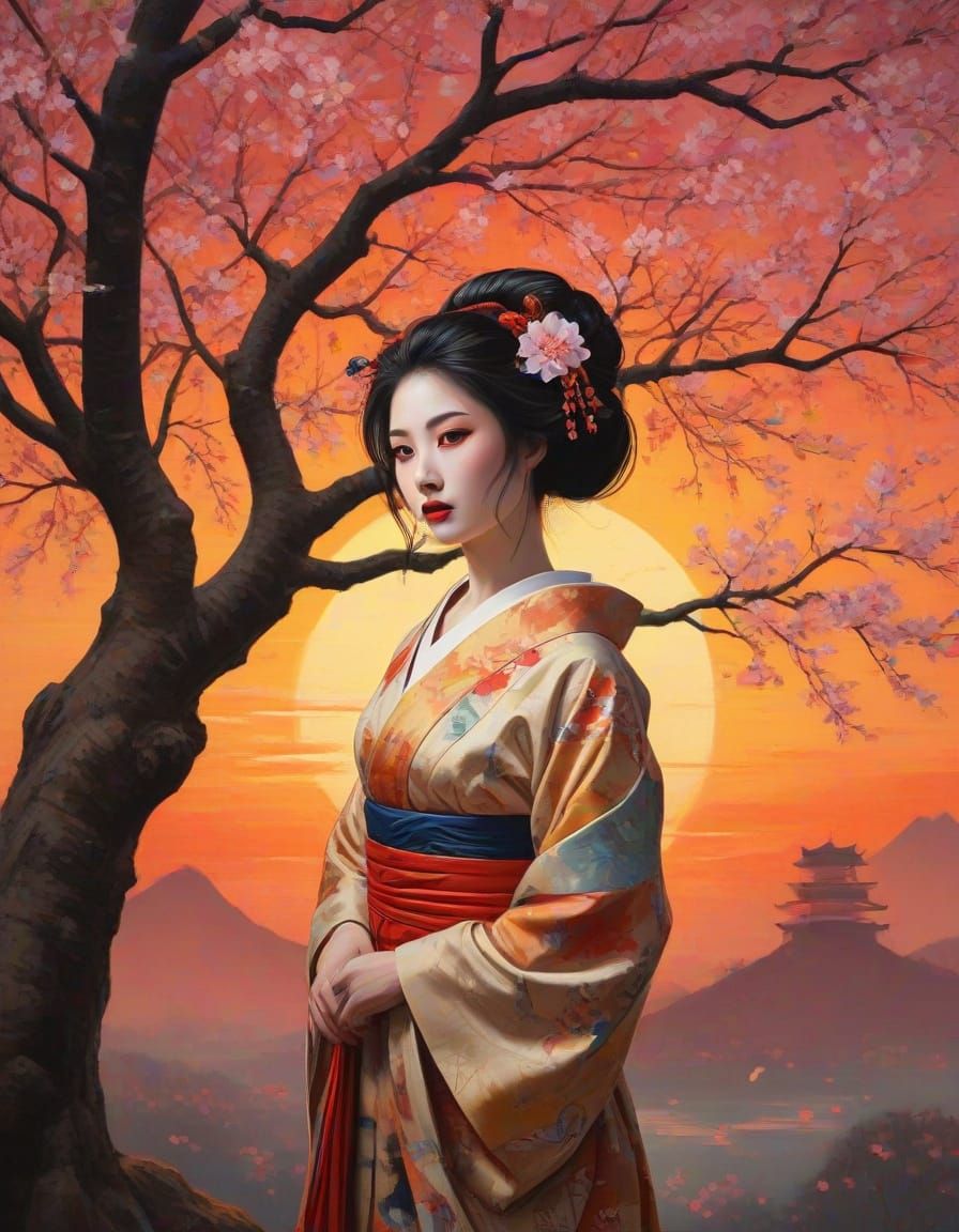 Abstract Geisha Under Blossom Tree at Sunset