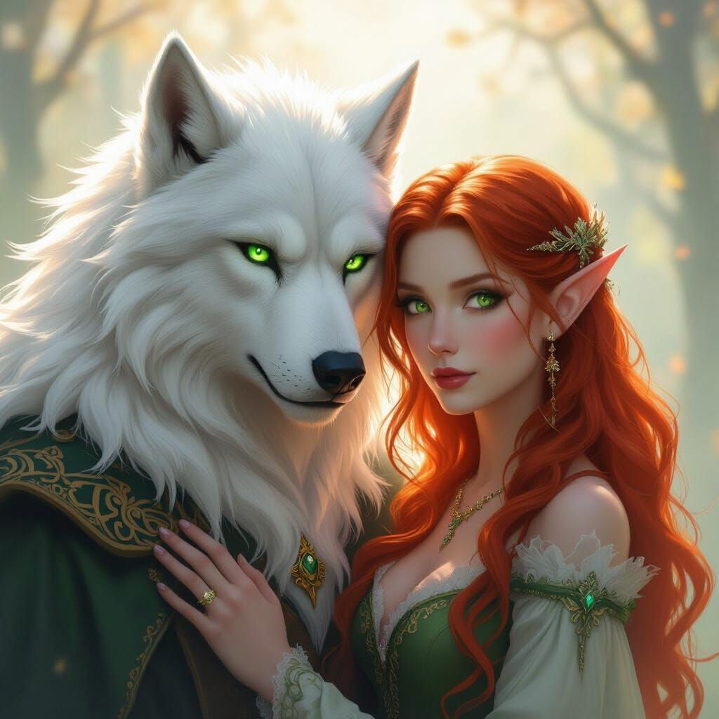 Werewolf King and Elf Queen in Ethereal Fantasy Scene