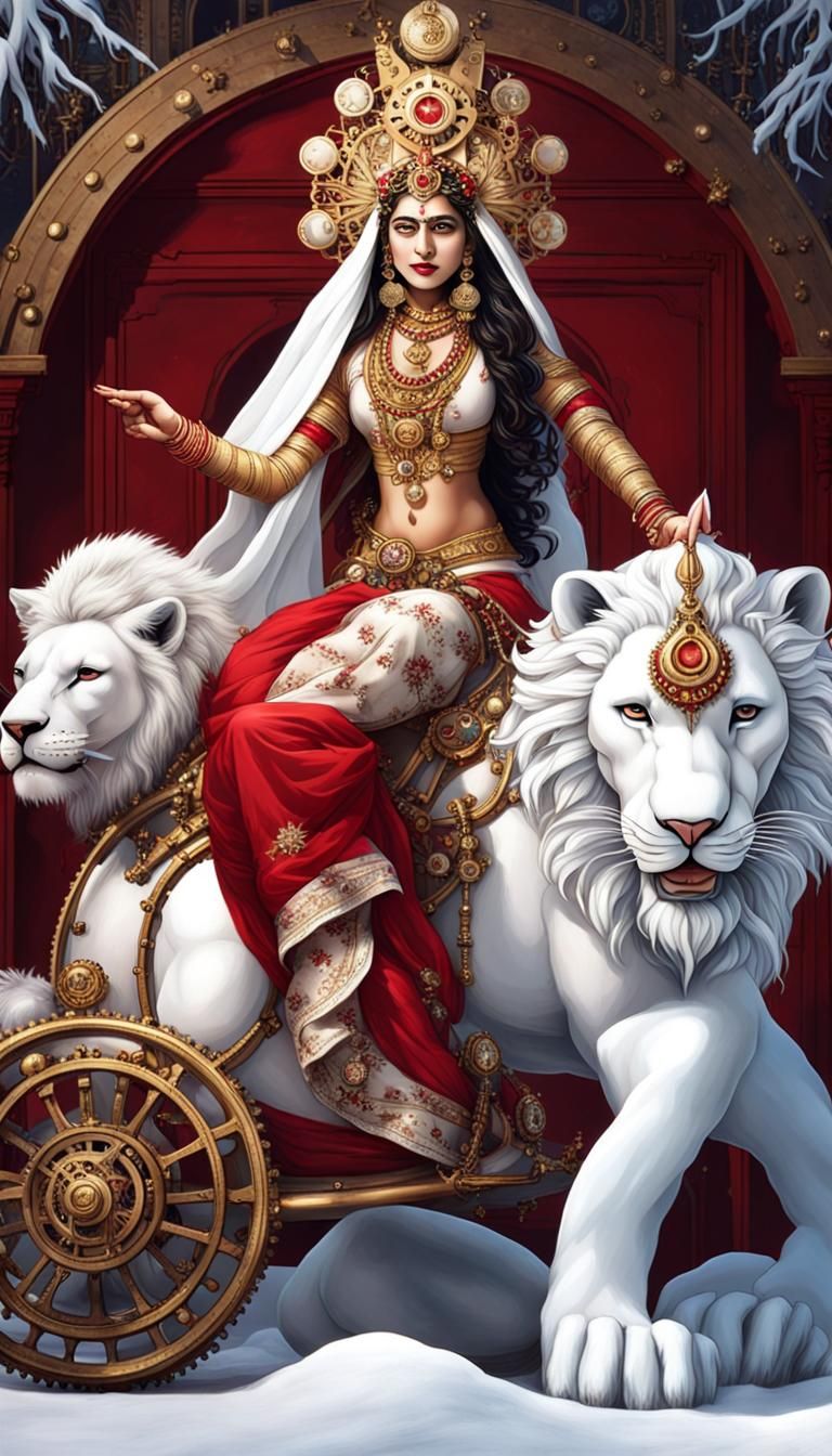 Durga Rides Steampunk Lion in Frozen World