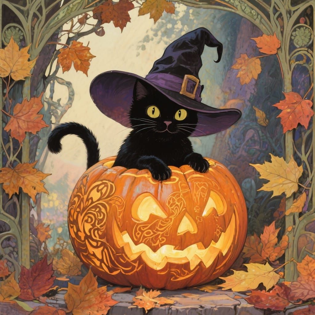 Black Cat Witch in Glowing Jack-o'-Lantern, Art Nouveau Styl...