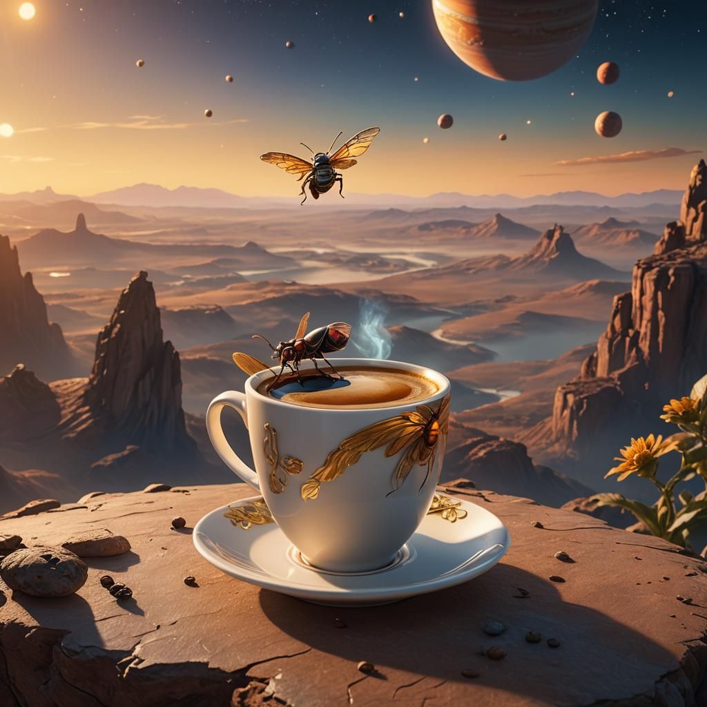 Bug Contemplates Sunset Planets, Digital Matte Painting