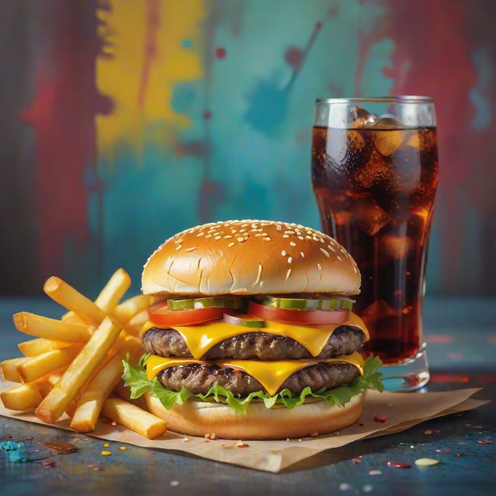 Watercolor Cheeseburger, Fries, and Cola Still Life