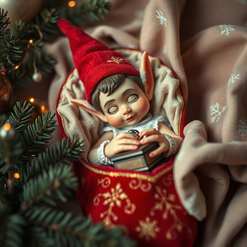 Christmas Elf Lounging in Mother Christmas' Slipper