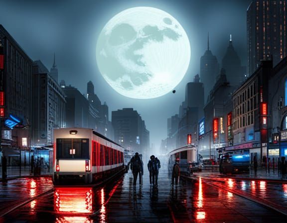 Cyberpunk Cityscape at Night Under Giant Moon