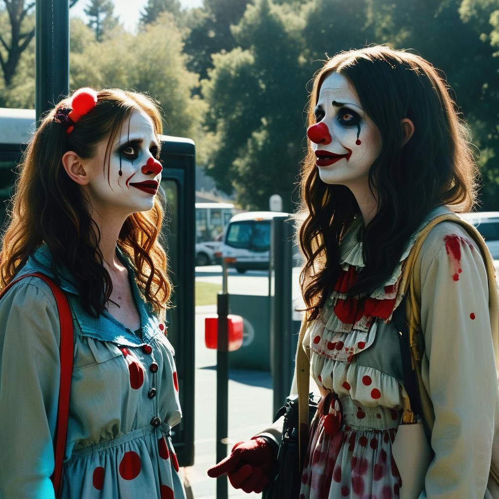 Clowns at Bus Stop in Cinematic Film Still