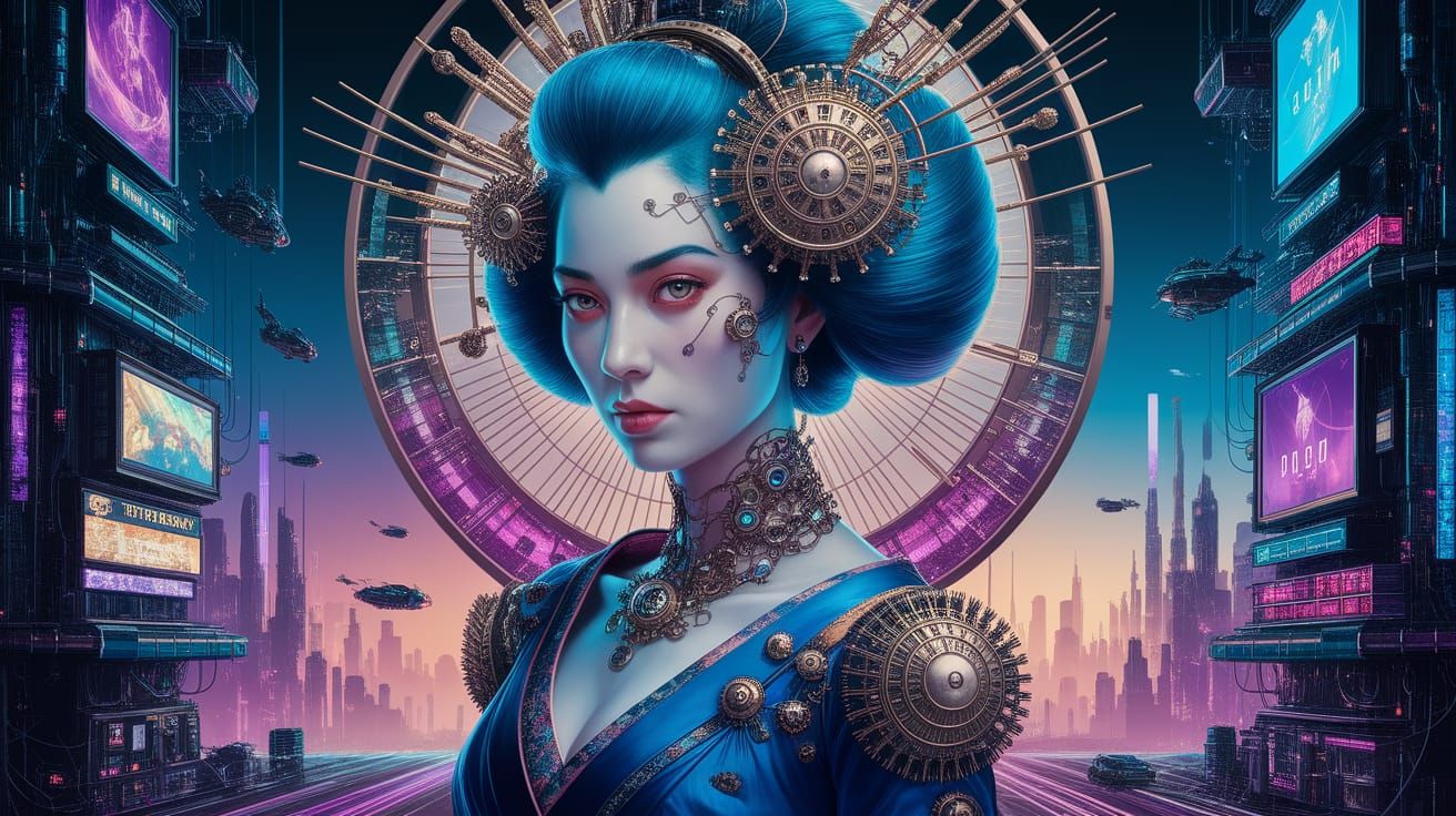 Cyberpunk Geisha Portrait with Clockwork Cranes
